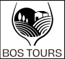 Wine glass logo with hills, trees, and house; text 'BOS TOURS' below.
