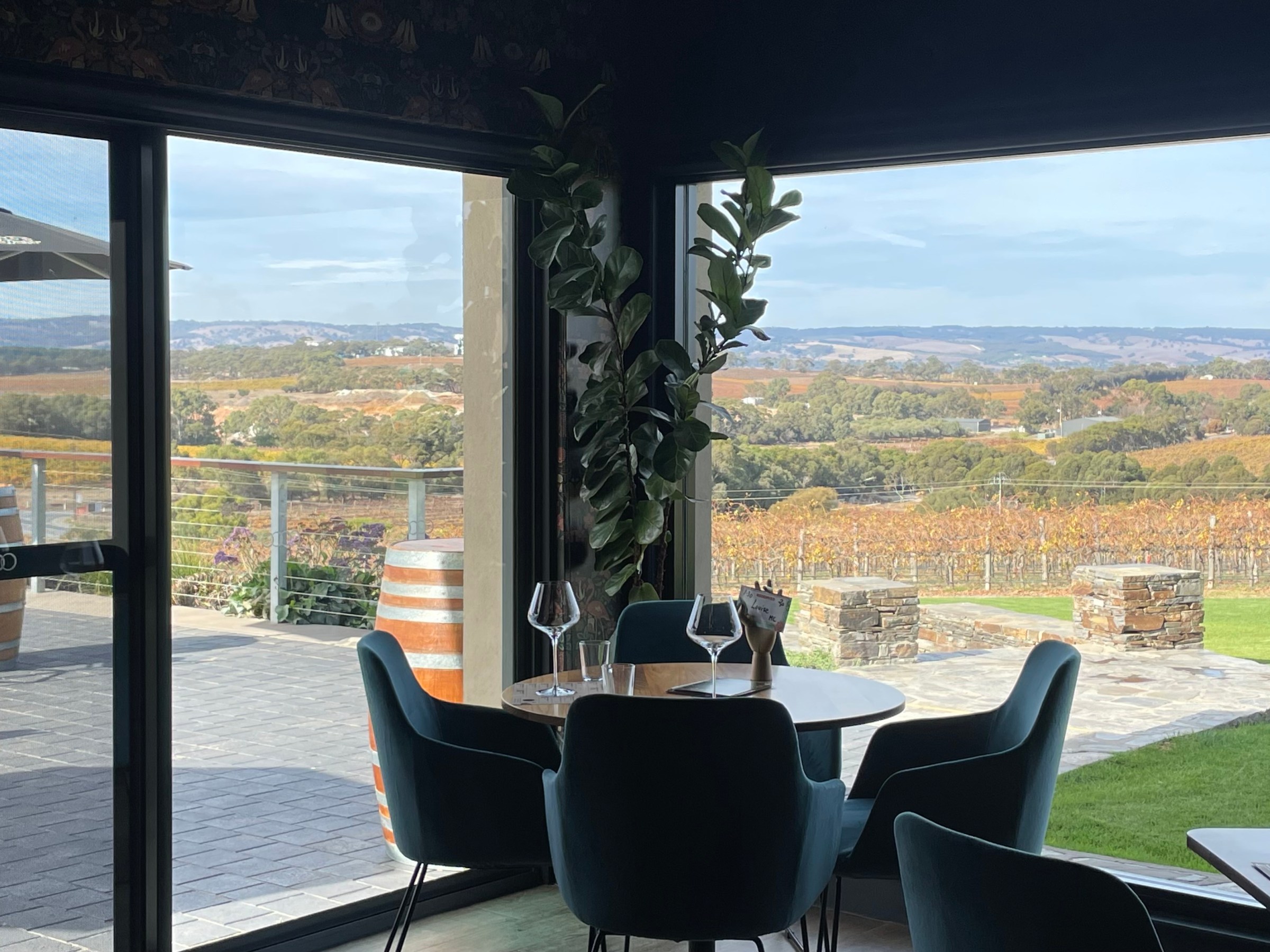 Interior of a cafe with a view of lush vineyards through large windows and outdoor seating.