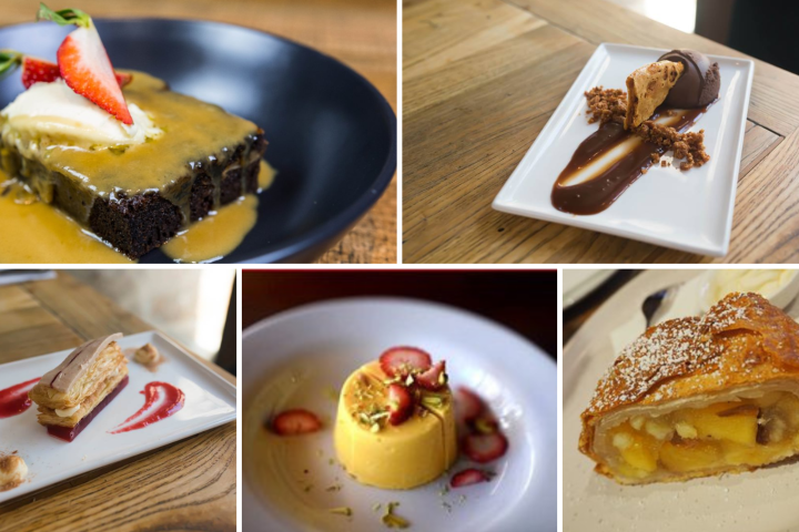 a plate of food with a slice of cake on a table