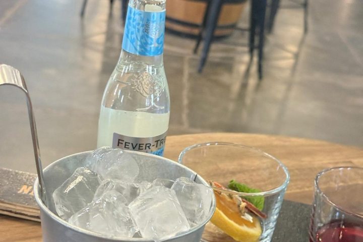 Table with ice bucket, bottle, and two small drink glasses indoors.
