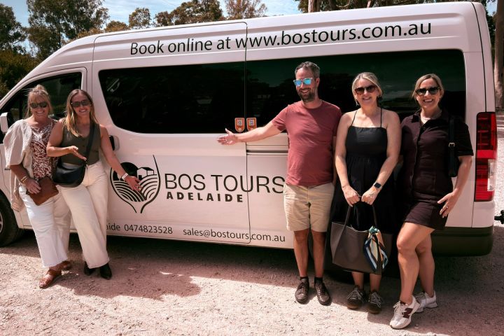 Five people standing in front of a BOS Tours van with a website URL on it.