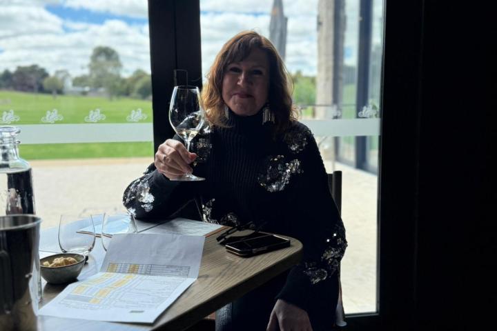 Woman sitting at a table with a wine glass, large windows with a view of grass and sky in the background.