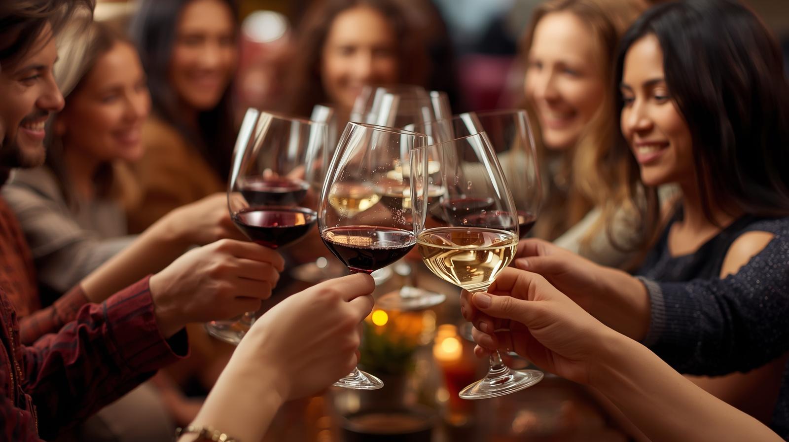 Group of people clinking wine glasses at a celebration.