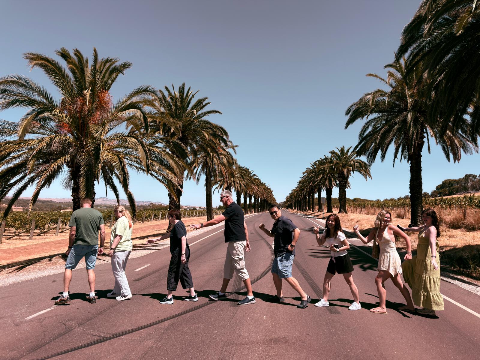 Seven people walk in a line on a palm-lined road under a clear sky.
