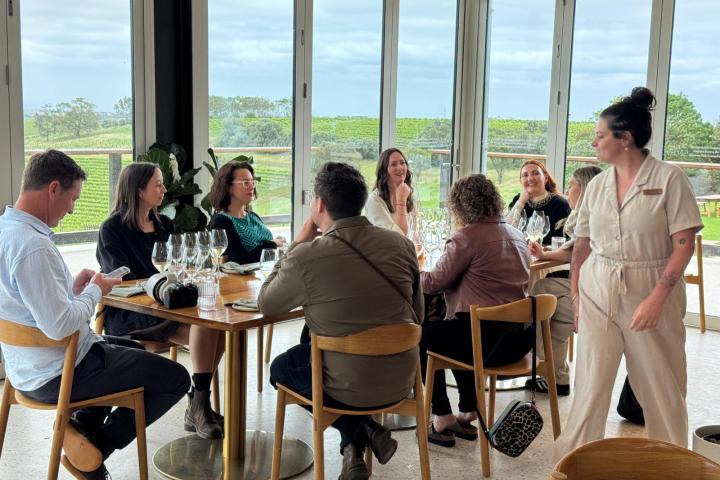 People dining at a restaurant with large windows showing a vineyard view.
