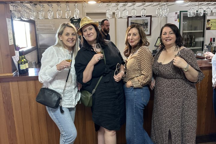 Four women posing with wine glasses in a cozy bar setting.