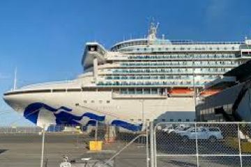 Cruise ship docked at port with a blue sky background.