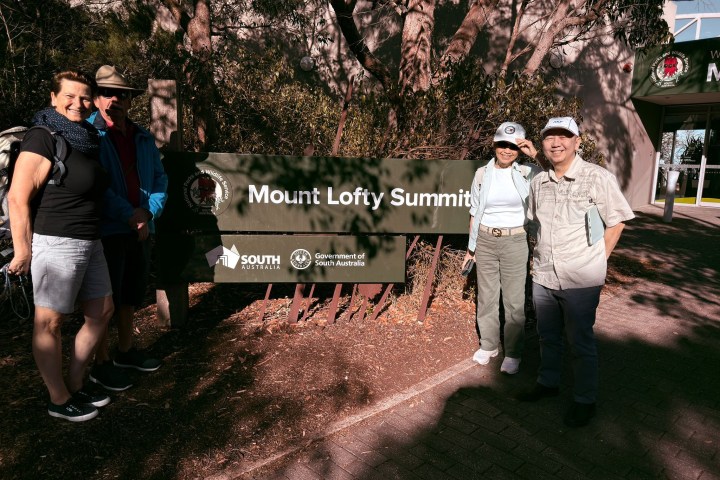 Group of people smiling by Mount Lofty Summit sign in sunny outdoors.